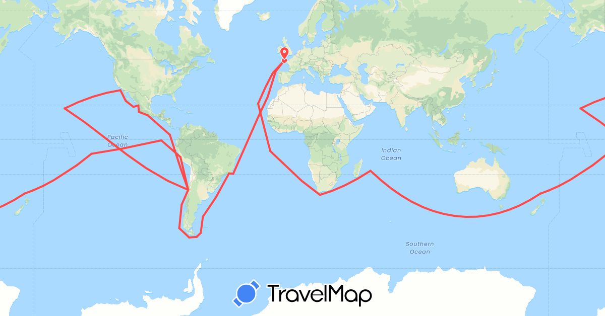 TravelMap itinerary: driving, hiking in Brazil, Chile, Ecuador, Spain, France, Mexico, New Zealand, Peru, French Polynesia, Réunion, Saint Helena, United States (Africa, Europe, North America, Oceania, South America)